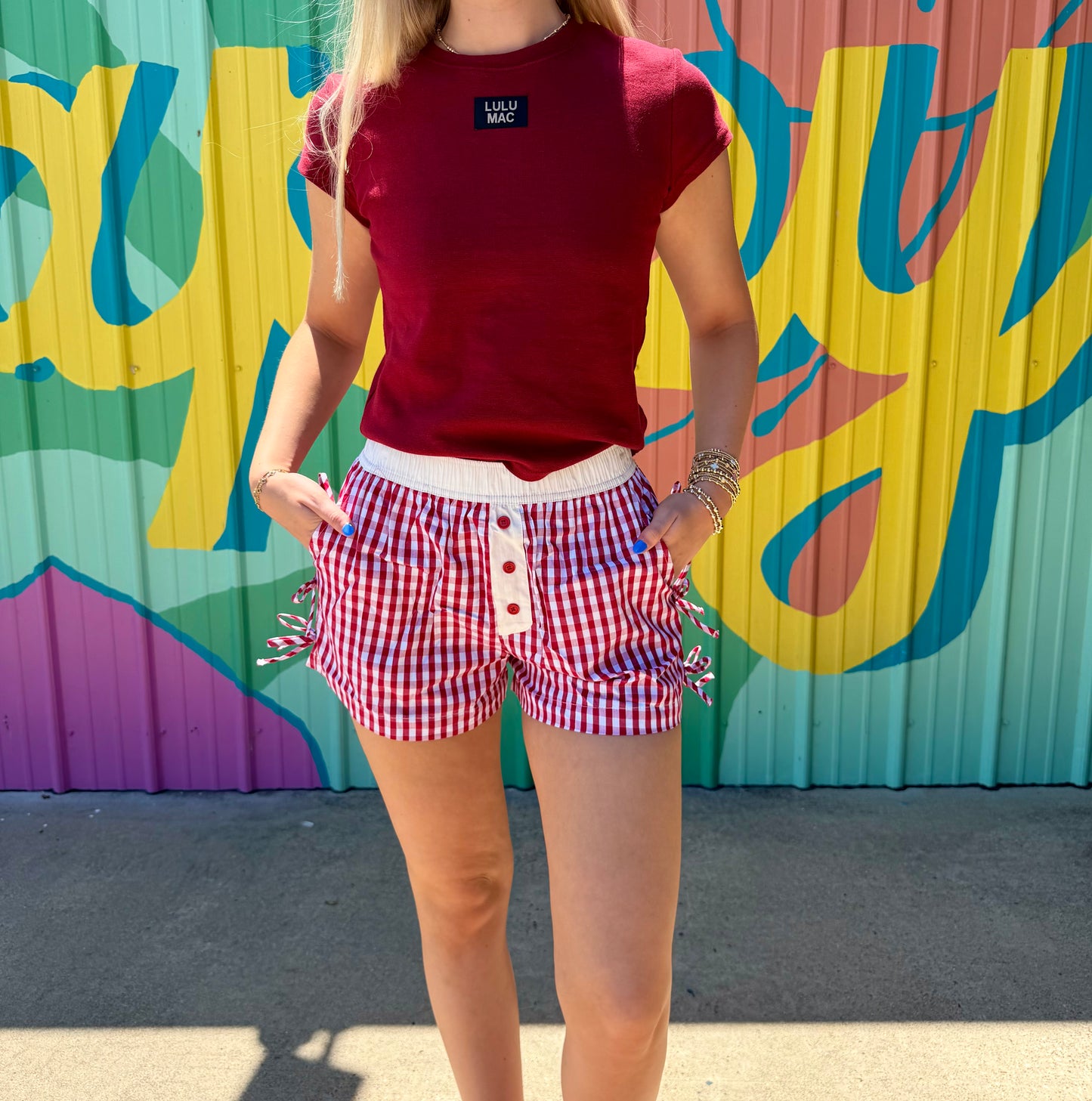 LuluMac Button Bow Gingham Boxer Short: Red & White