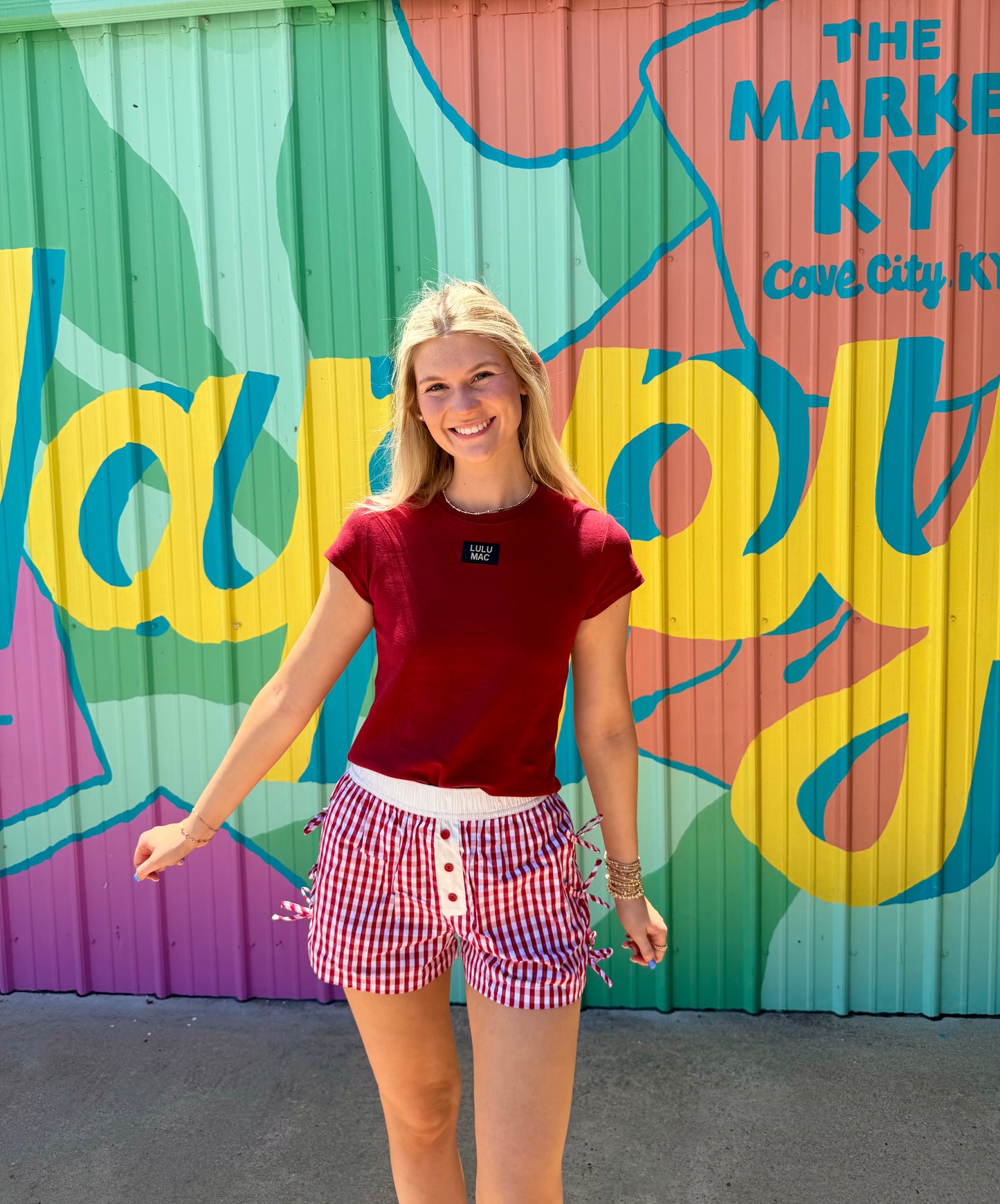 LuluMac Button Bow Gingham Boxer Short: Red & White