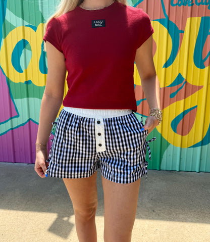 LuluMac Button Down Bow Gingham Short- Black