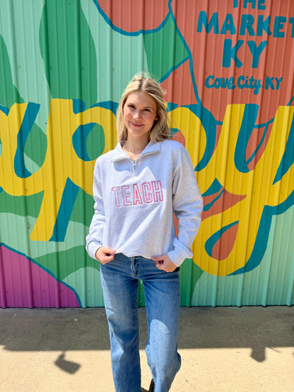 Embroidered Pink Two-Tone Teach Quarter Zip Sweatshirt Pullover