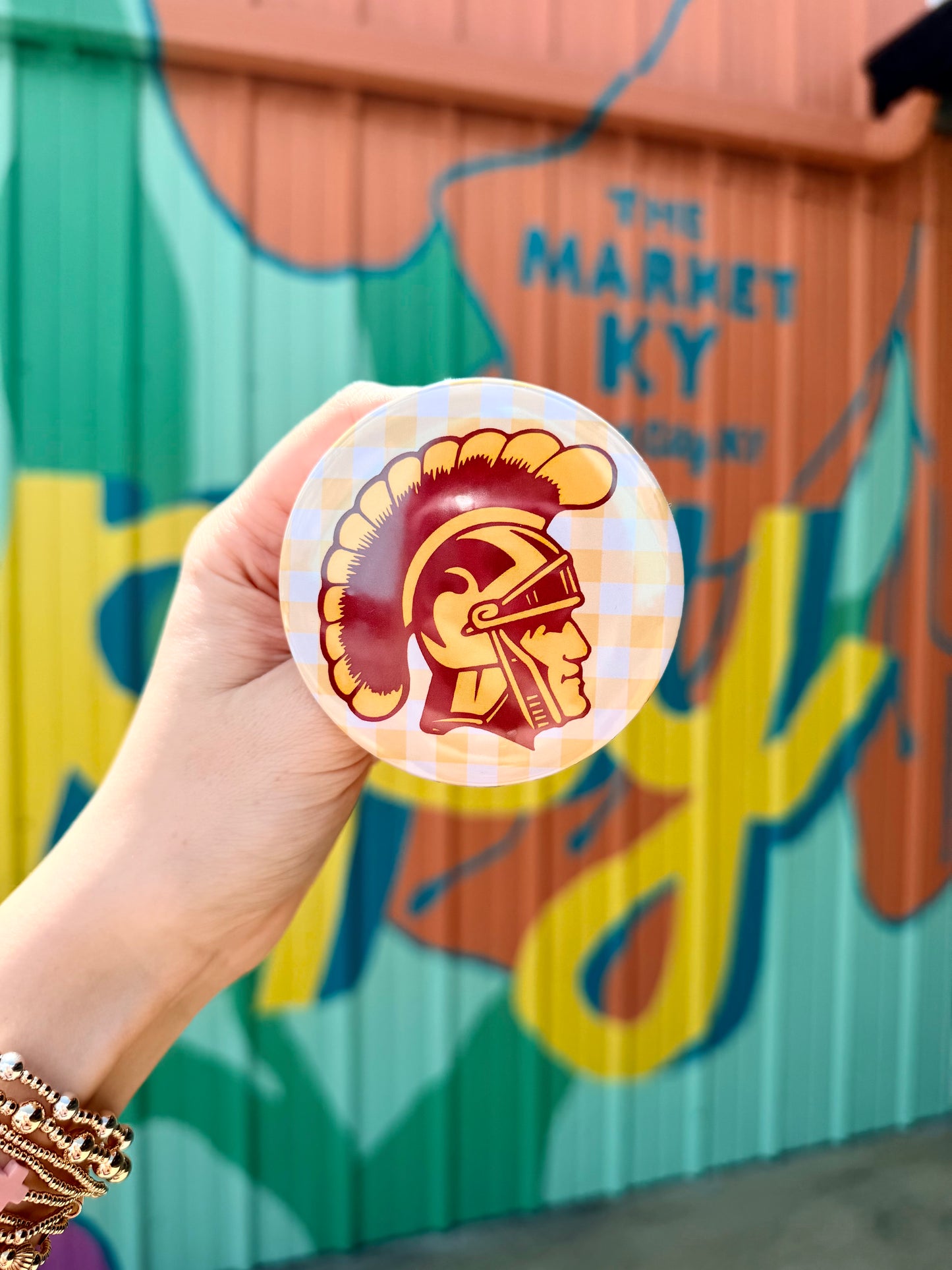 Trojan Head Yellow & White Gingham Button