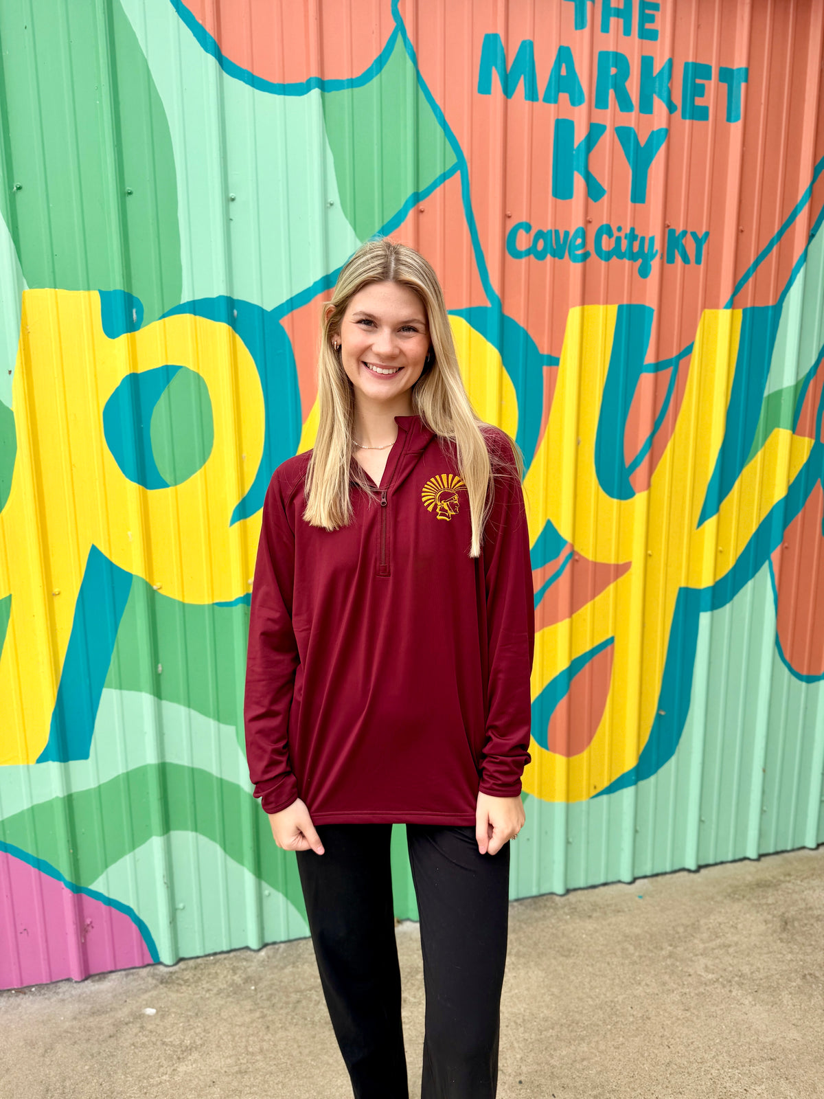 Trojan Mascot Embroidered Quarter Zip Pullover - Burgundy