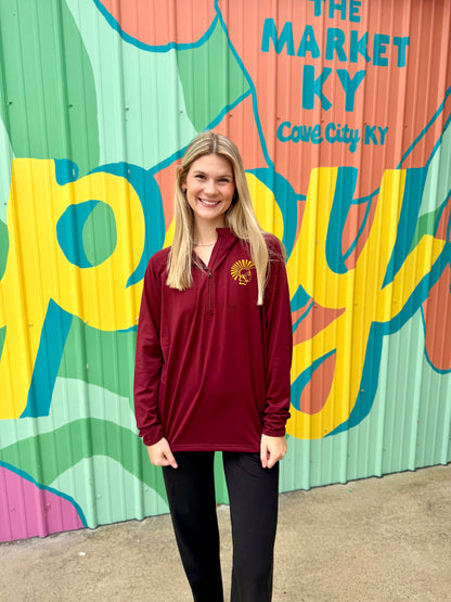 Trojan Mascot Embroidered Quarter Zip Pullover - Burgundy