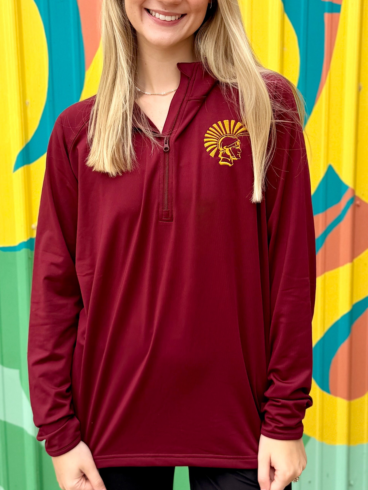 Trojan Mascot Embroidered Quarter Zip Pullover - Burgundy