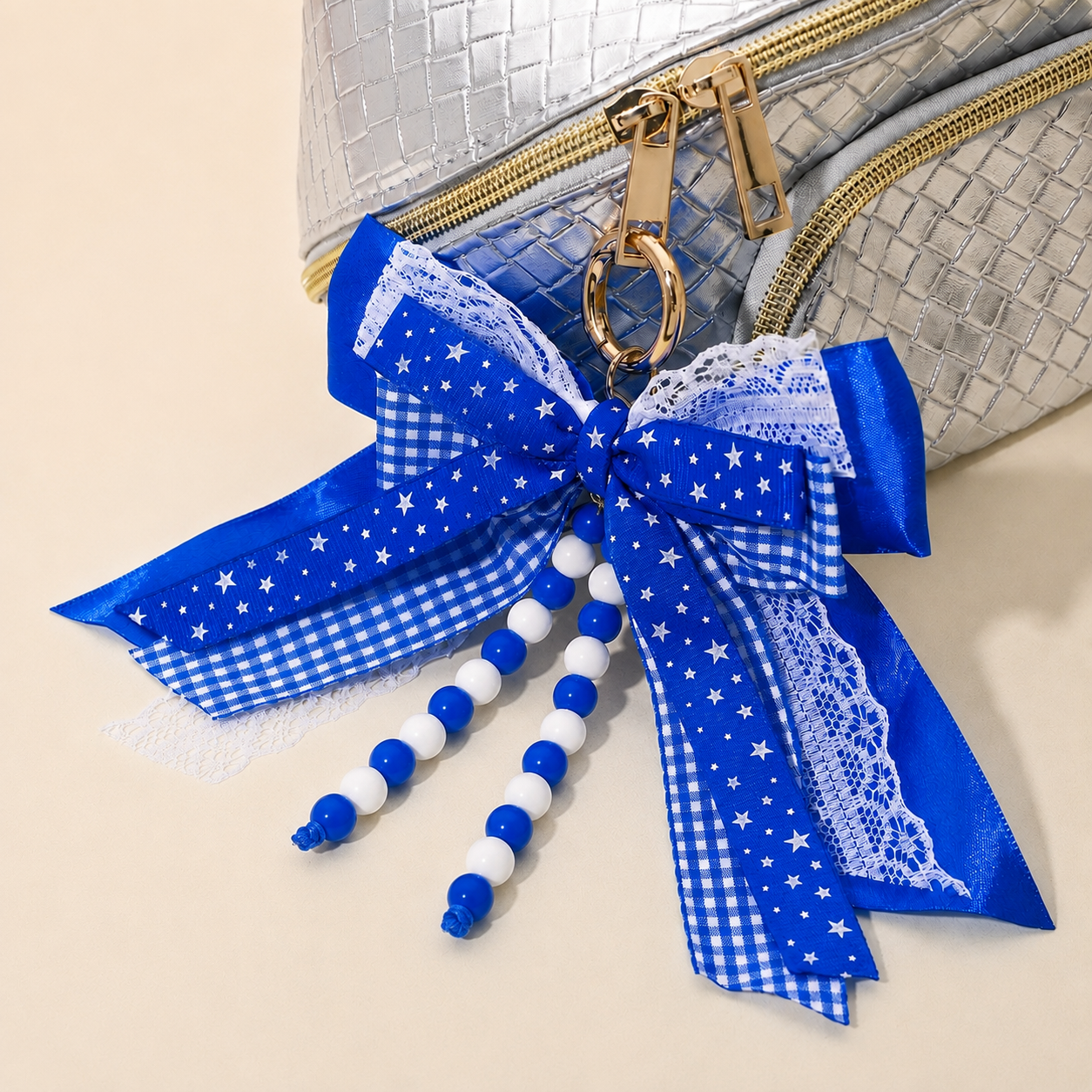 Gameday Triple Layered Bow Bag Charm/Keychain - Royal Blue/White