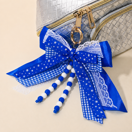 Gameday Triple Layered Bow Bag Charm/Keychain - Royal Blue/White