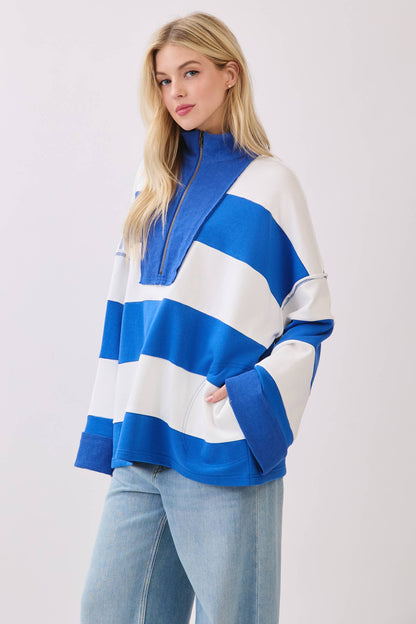 Varsity Stripe Zip Pullover: ROYAL/WHITE / S