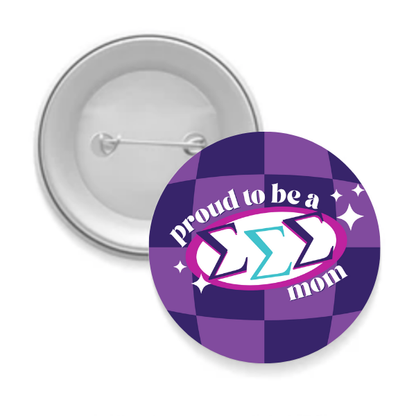 Sorority Mom Button - Proud to Be Checkered: 3" Round / Alpha Omicron Pi