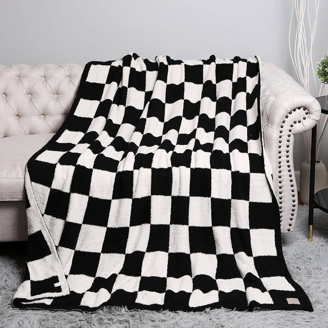Checkerboard Patterned Throw Blanket: Navy / ONE SIZE