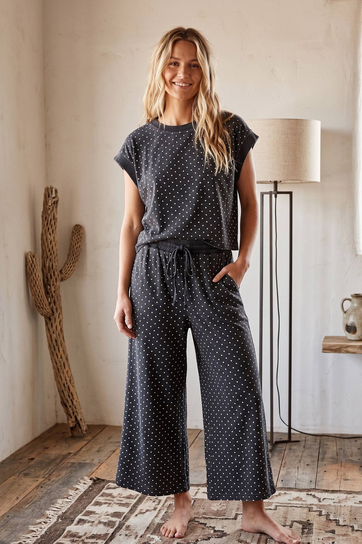 Scuba Lounge Set: Blackish Charcoal Polka Dot