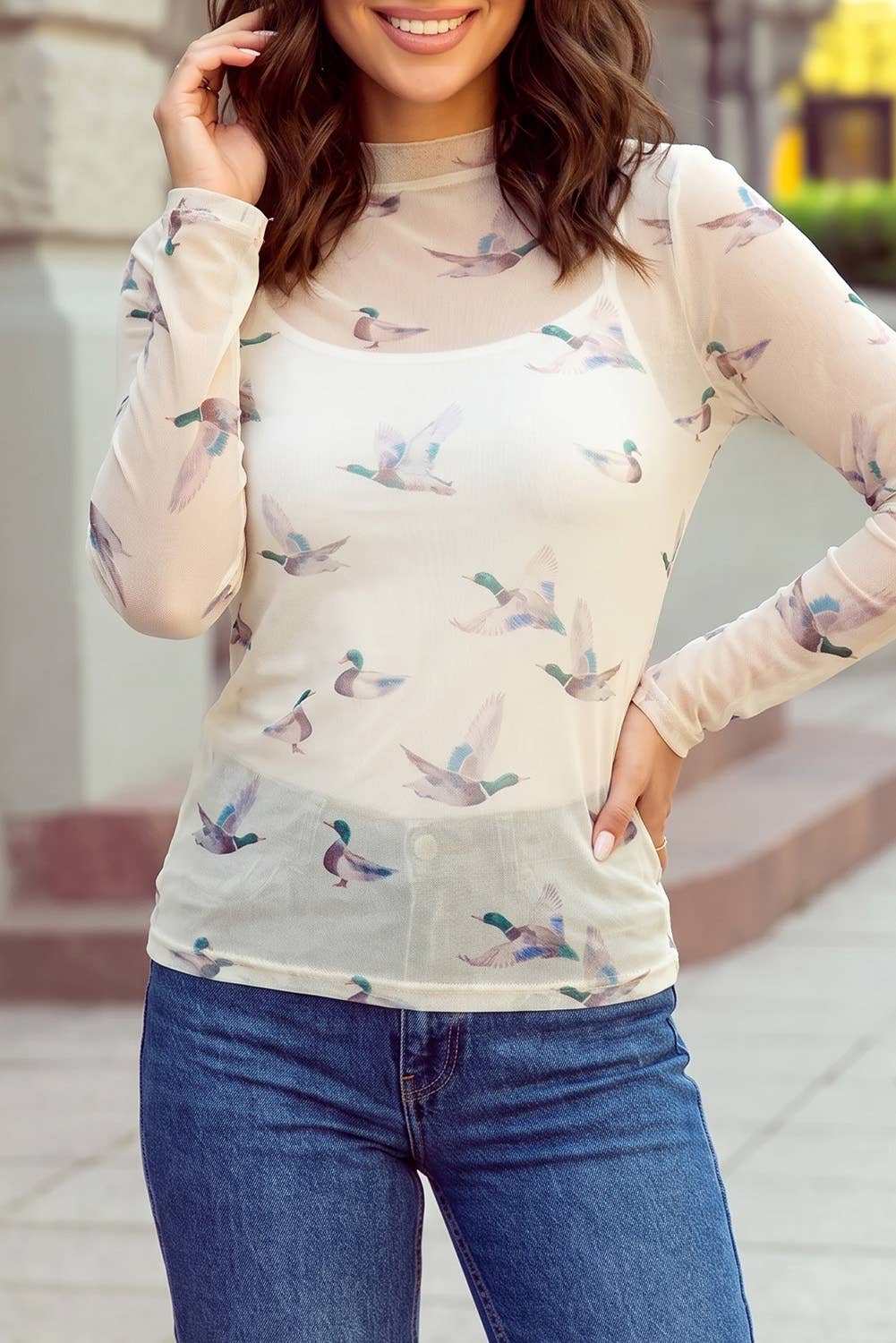 Flying Mallard Duck Mock Neck Long Sleeve Mesh Top S-4X: Beige / S