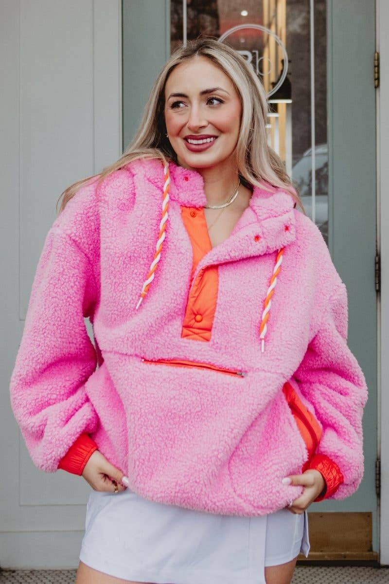 Pink Two-Toned Sherpa Fleece Pullover: Pink