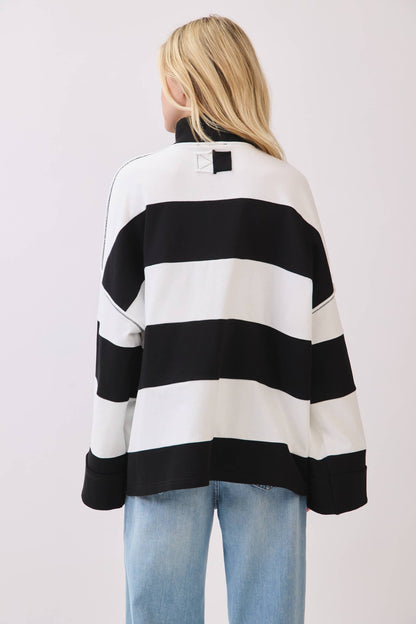 Varsity Stripe Zip Pullover: BURGUNDY/WHITE / S