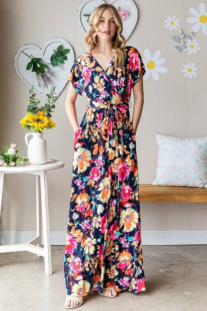 FLORAL MAXI WRAP DRESS/ NAVY MULTI