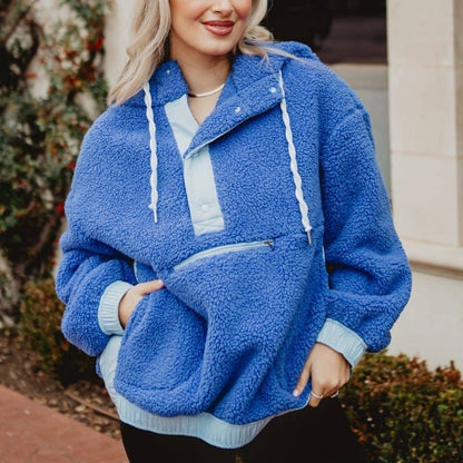 Blue Two-Toned Sherpa Fleece Pullover: Blue