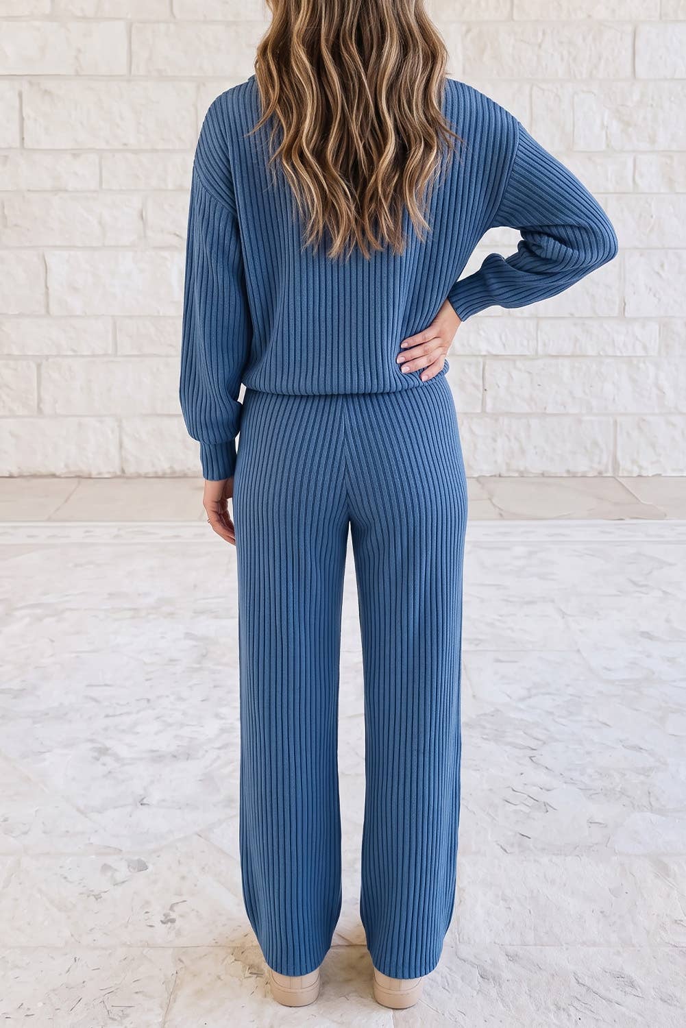 Knit Collar V Neck Pullover & Drawstring Waist Pants 2pcs Set - Sky Blue