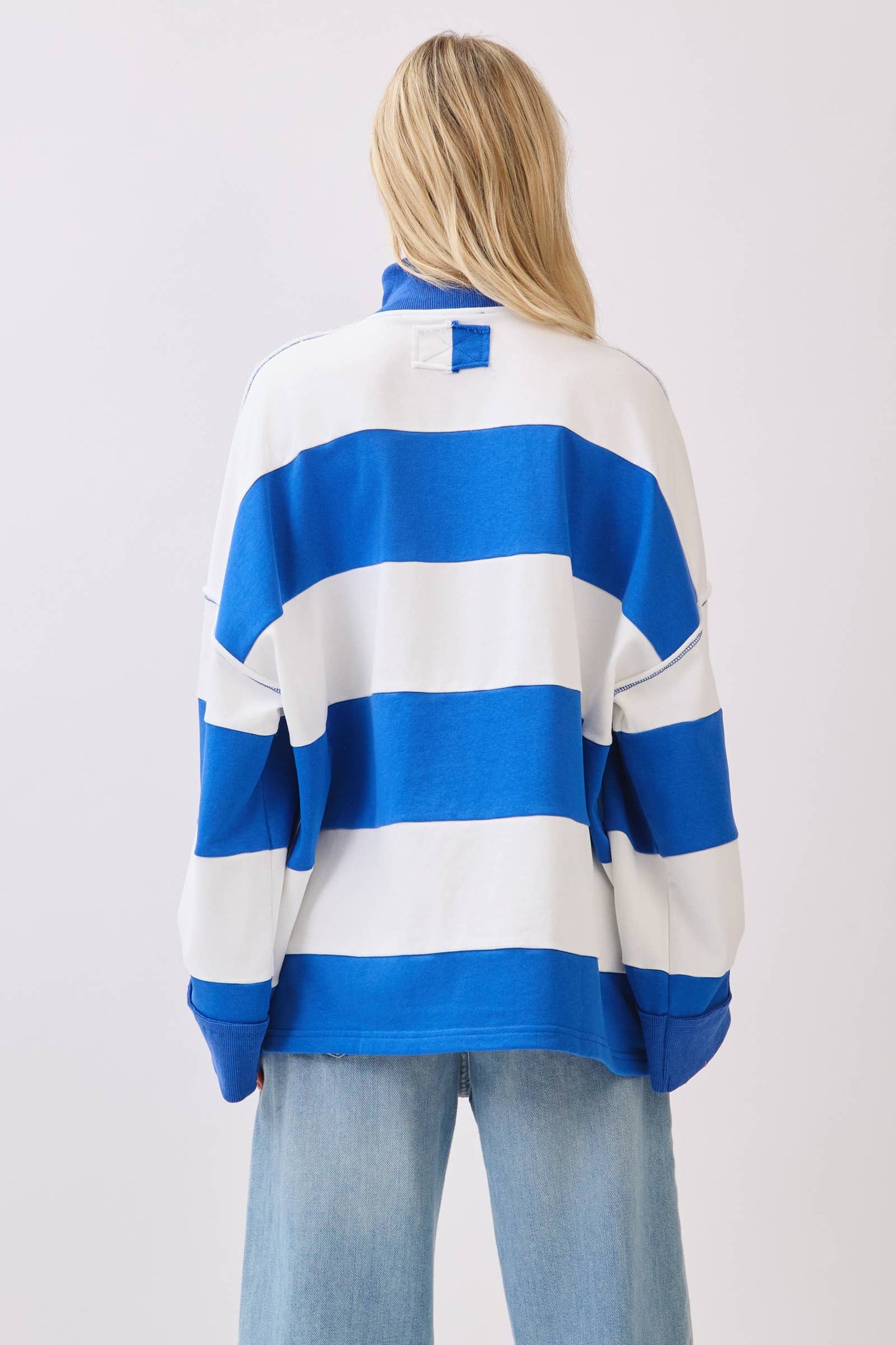 Varsity Stripe Zip Pullover: ROYAL/WHITE / S