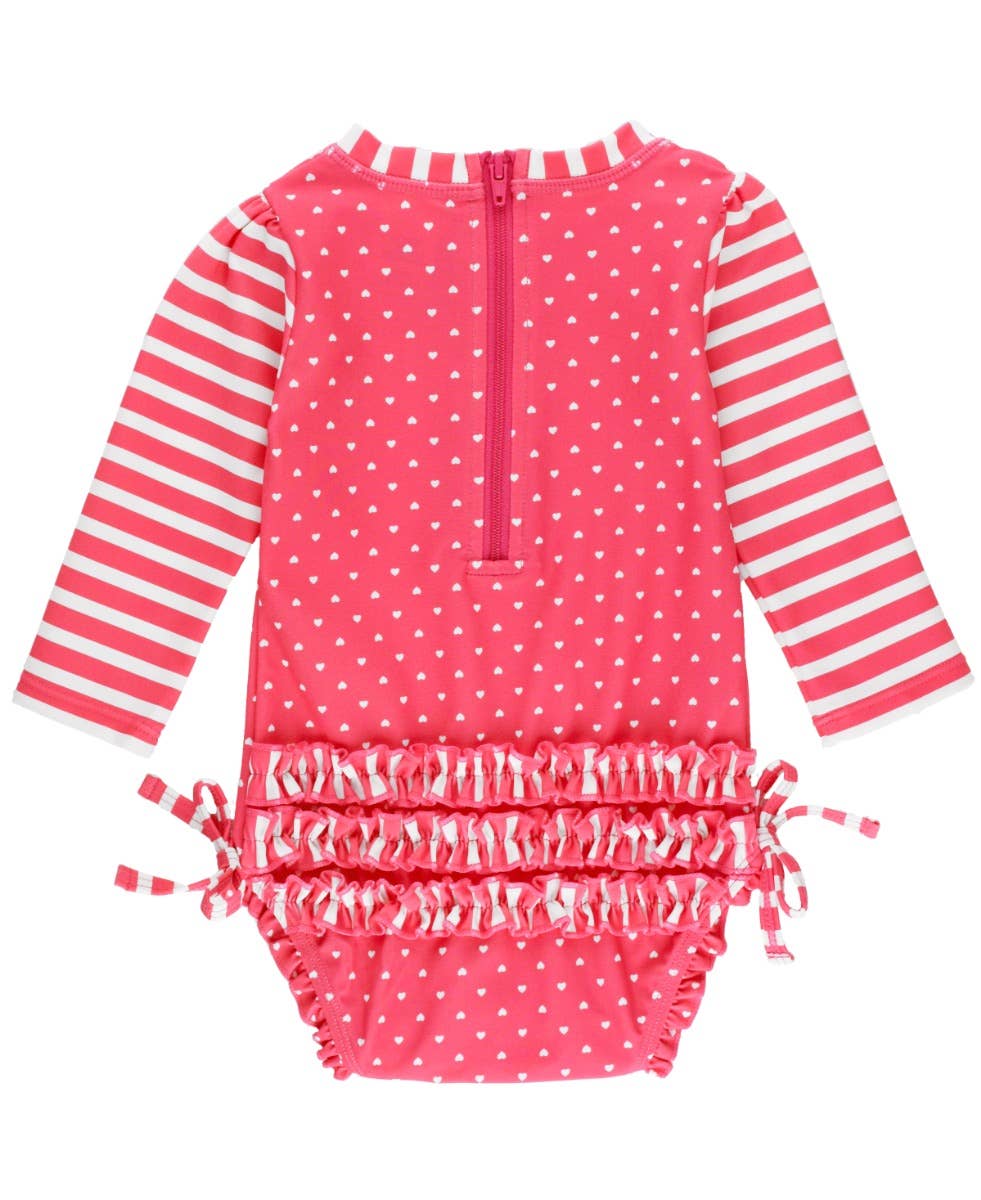 Hot Pink Heart Long Sleeve One Piece Rash Guard: 6-12m / Pink