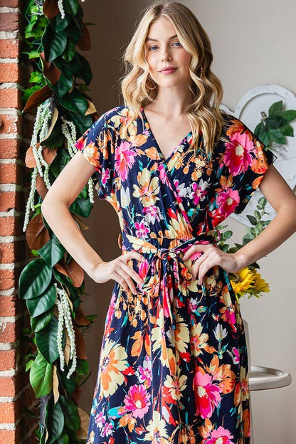 FLORAL MAXI WRAP DRESS/ NAVY MULTI