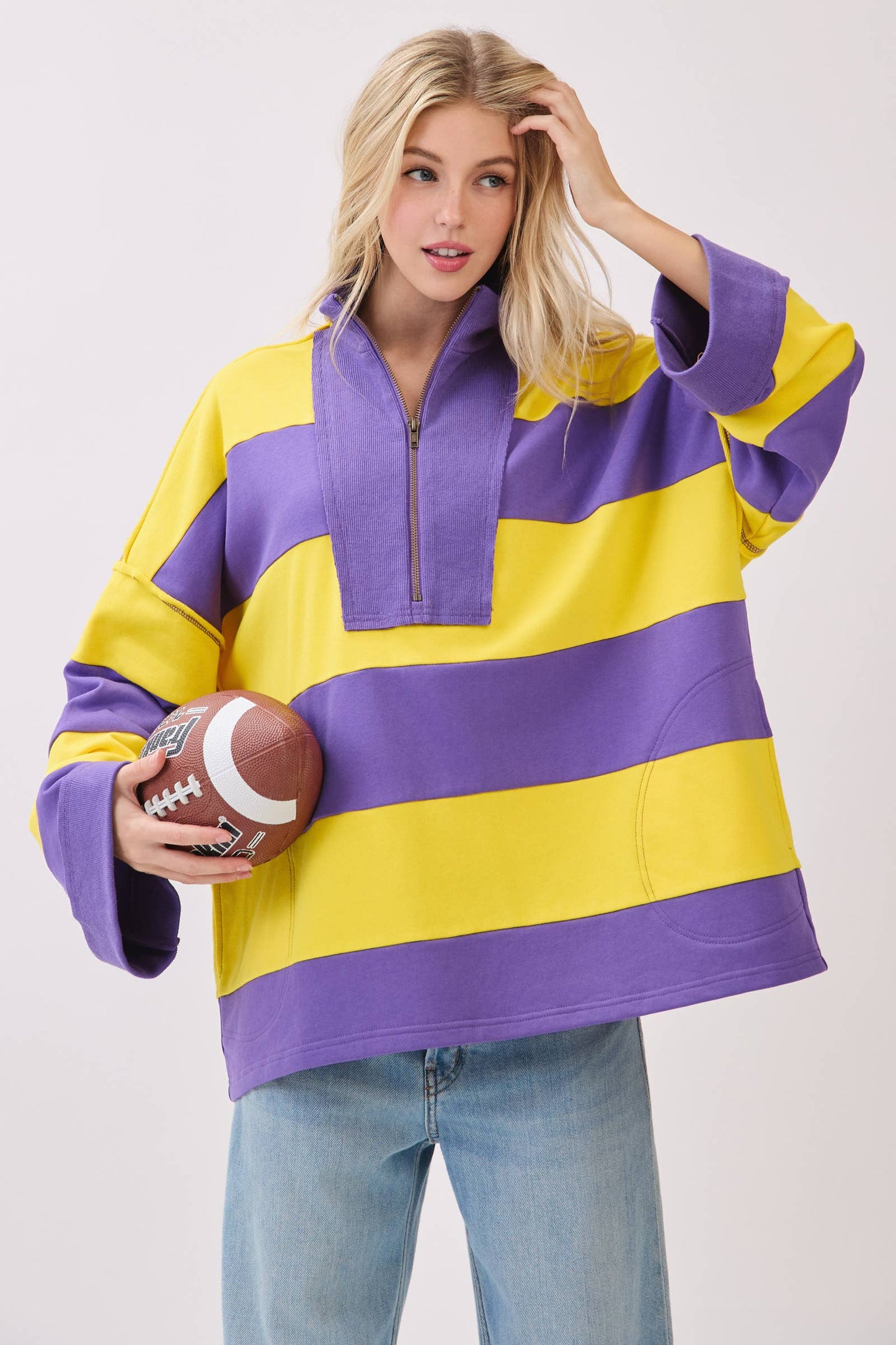 Varsity Stripe Zip Pullover: ROYAL/WHITE / S