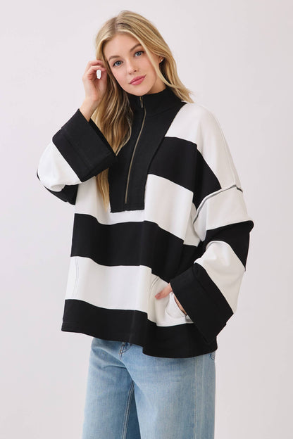 Varsity Stripe Zip Pullover: BURGUNDY/WHITE / S