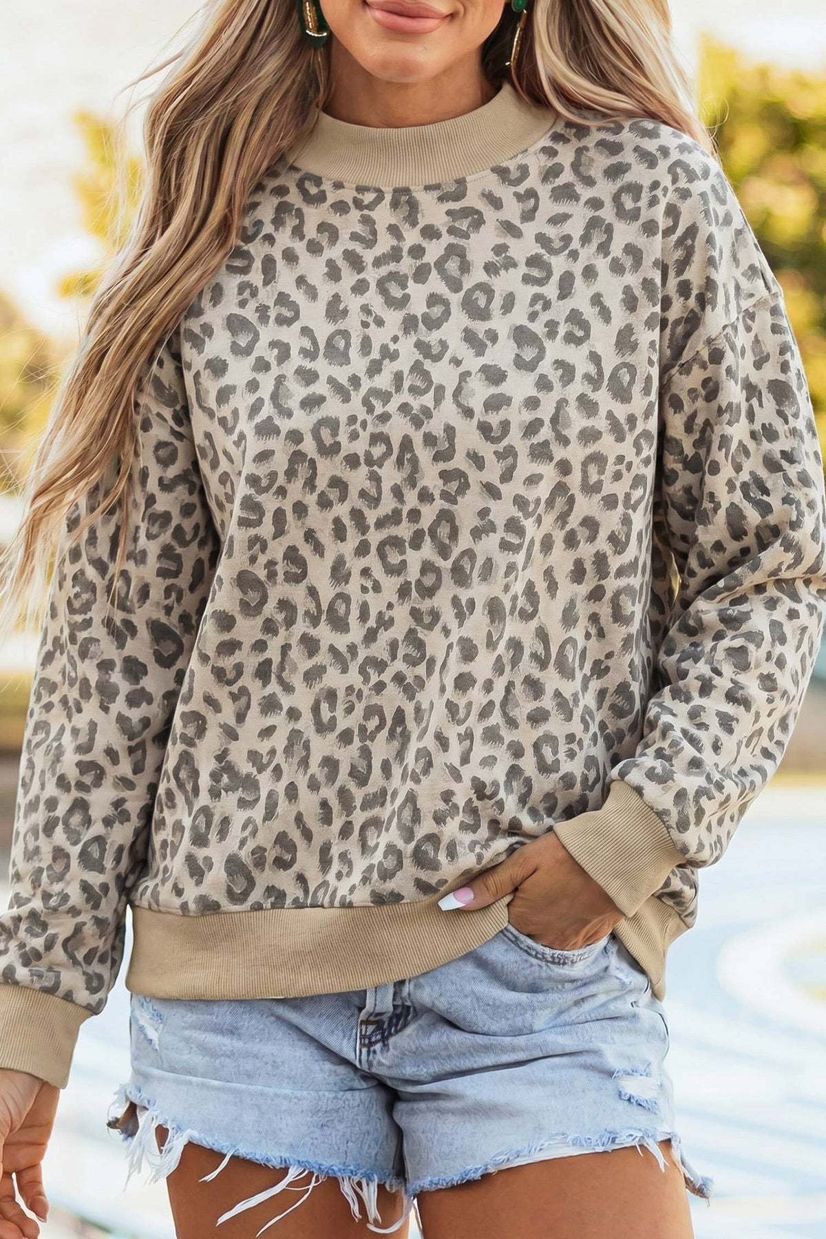 Camouflage / Leopard Print Pullover Mock Neck Sweatshirt: Leopard / S
