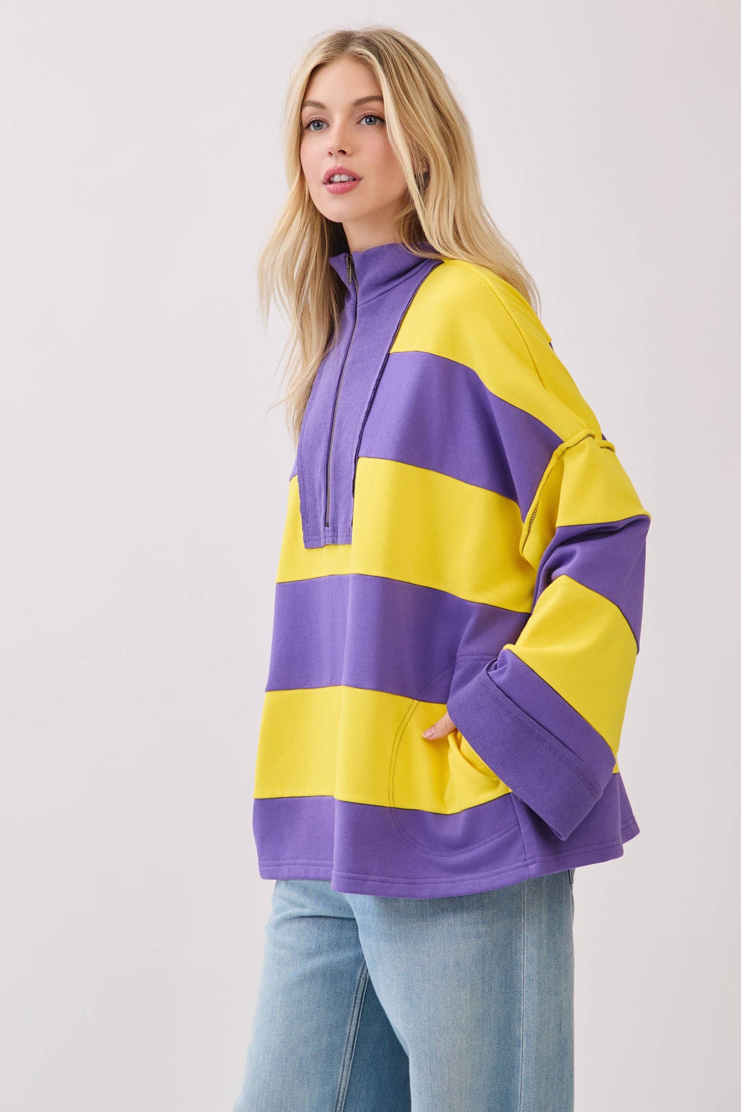 Varsity Stripe Zip Pullover: ROYAL/WHITE / S
