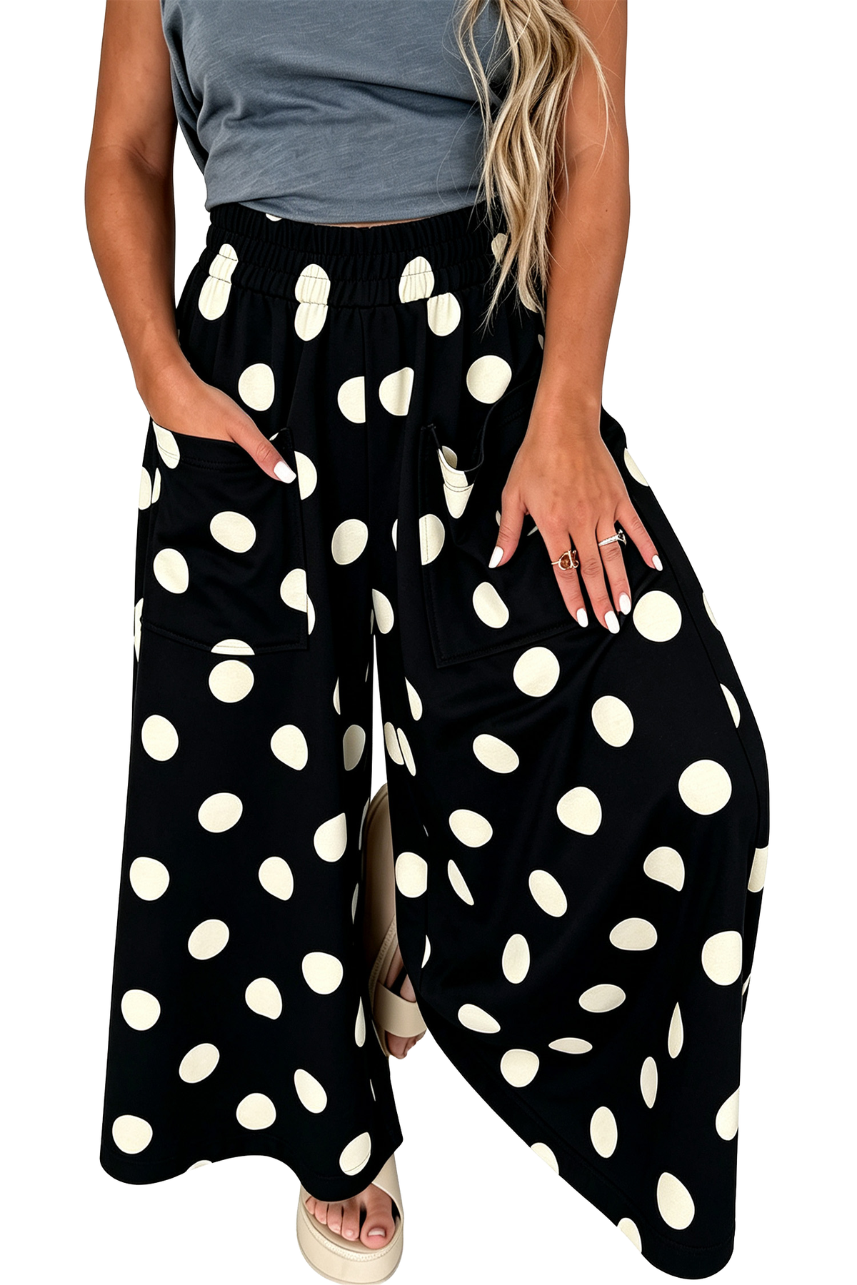 High Waist Wide Leg Polka Dot Pocket Pants S-4X: Black / S