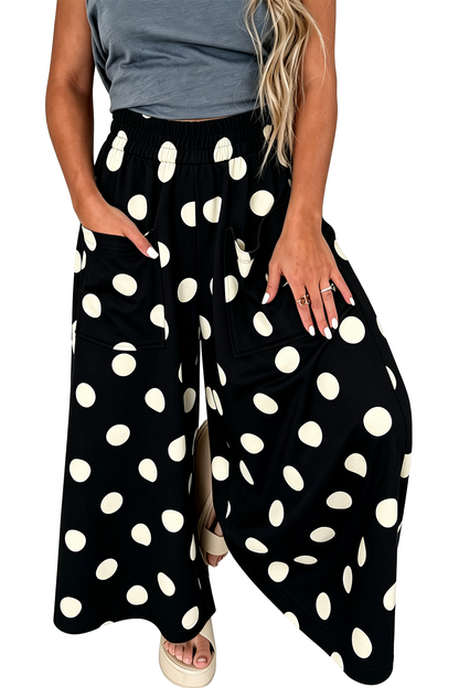 High Waist Wide Leg Polka Dot Pocket Pants S-4X: Black / S