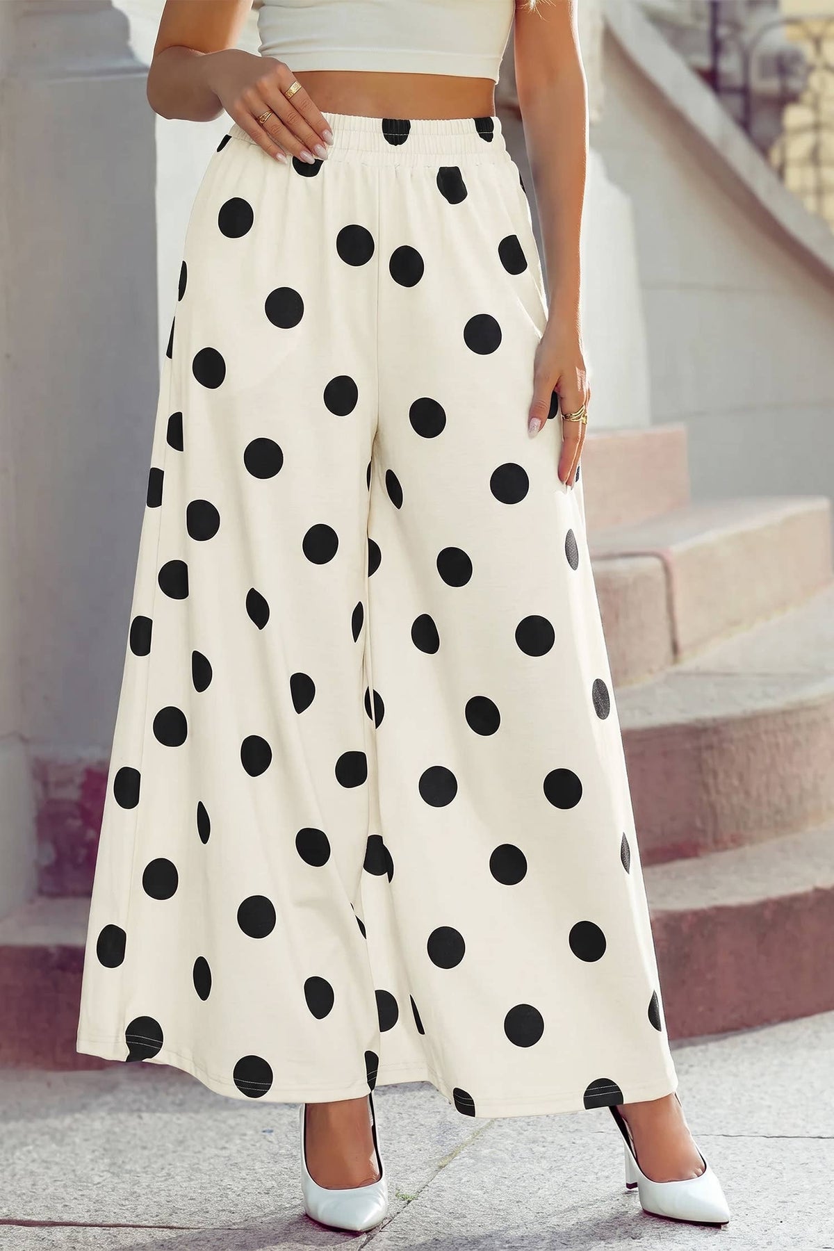 High Waist Wide Leg Polka Dot Pocket Pants S-4X: Black / S