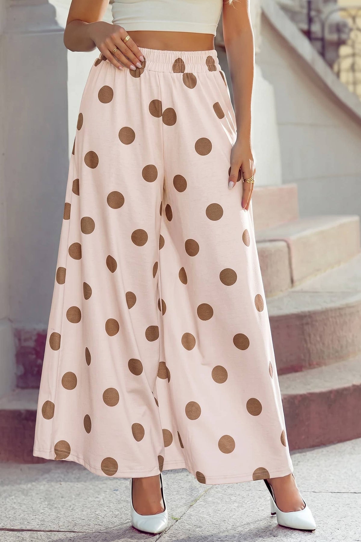 High Waist Wide Leg Polka Dot Pocket Pants S-4X: Black / S