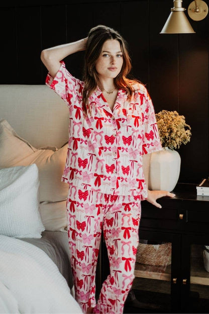 Pink & Red Coquette Bows Pajama Pants Set: Size- XL