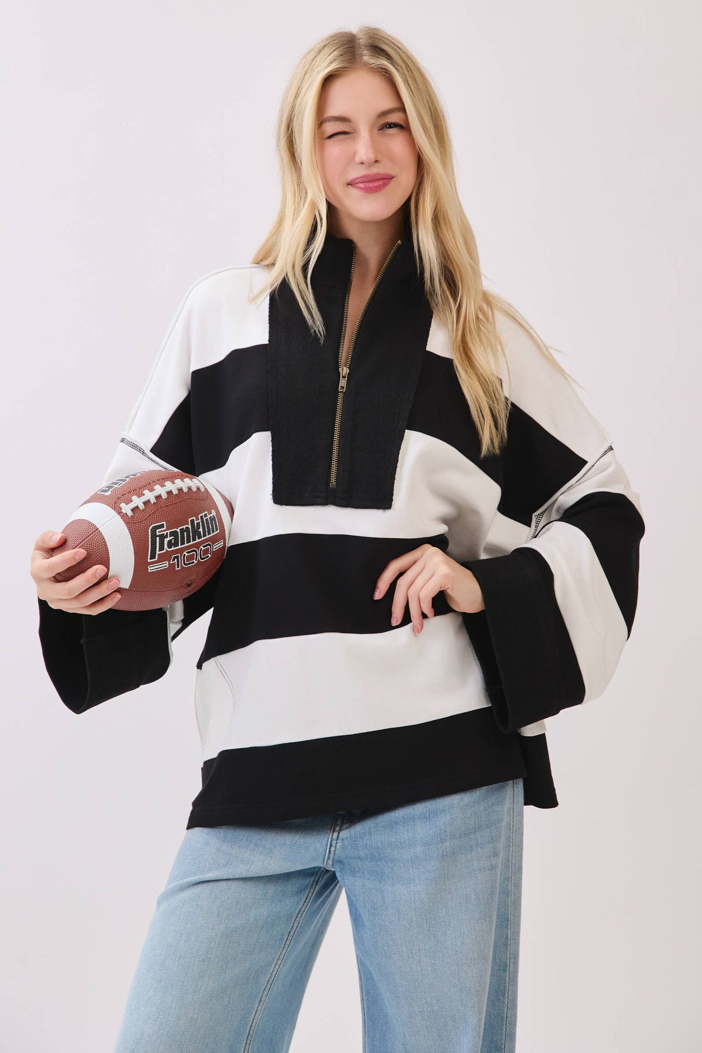 Varsity Stripe Zip Pullover: ROYAL/WHITE / S