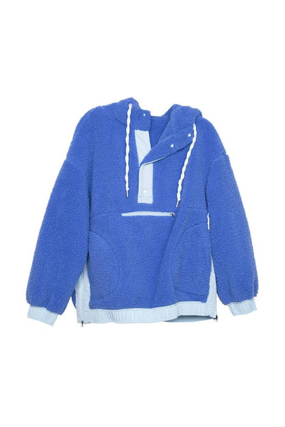 Blue Two-Toned Sherpa Fleece Pullover: Blue
