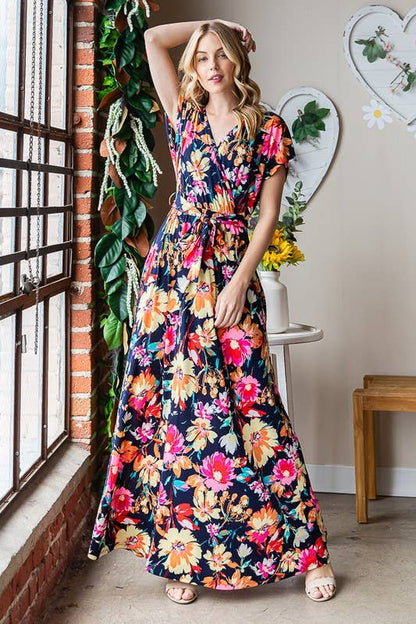 FLORAL MAXI WRAP DRESS/ NAVY MULTI