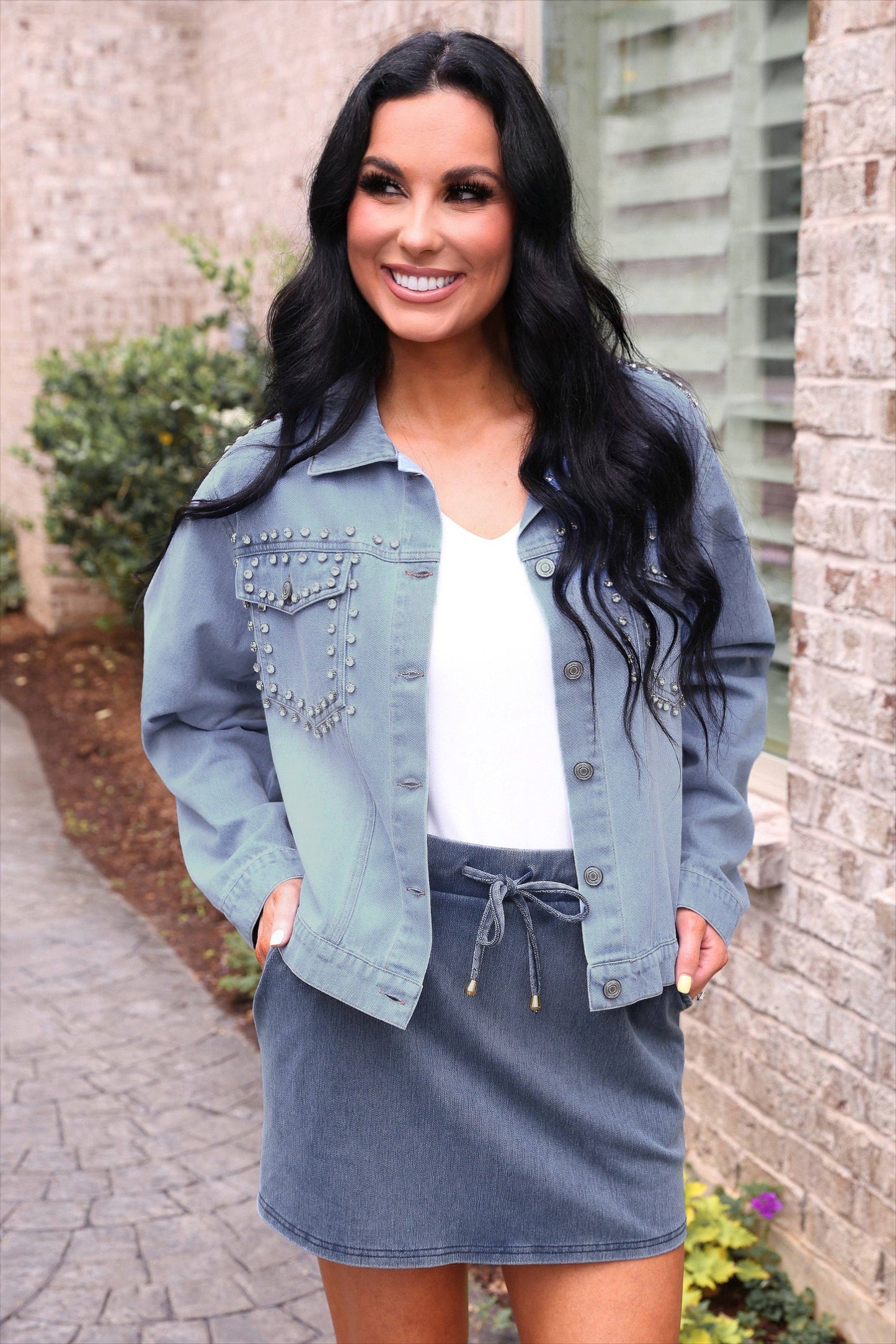 Stella Rhinestone Denim Jacket: Light Denim