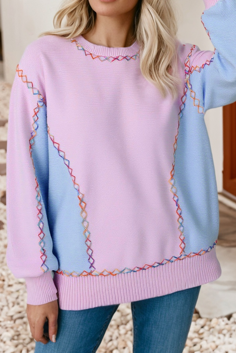 Rainbow Stitching Balloon Sleeve Relaxed Sweater