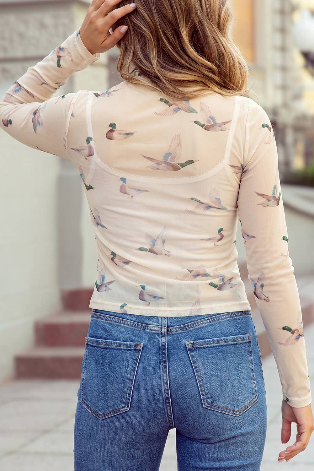 Flying Mallard Duck Mock Neck Long Sleeve Mesh Top S-4X: Beige / S