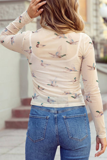 Flying Mallard Duck Mock Neck Long Sleeve Mesh Top S-4X: Beige / S