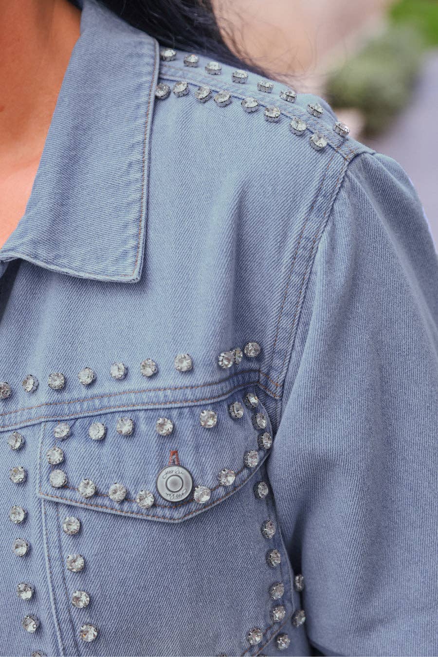 Stella Rhinestone Denim Jacket: Light Denim
