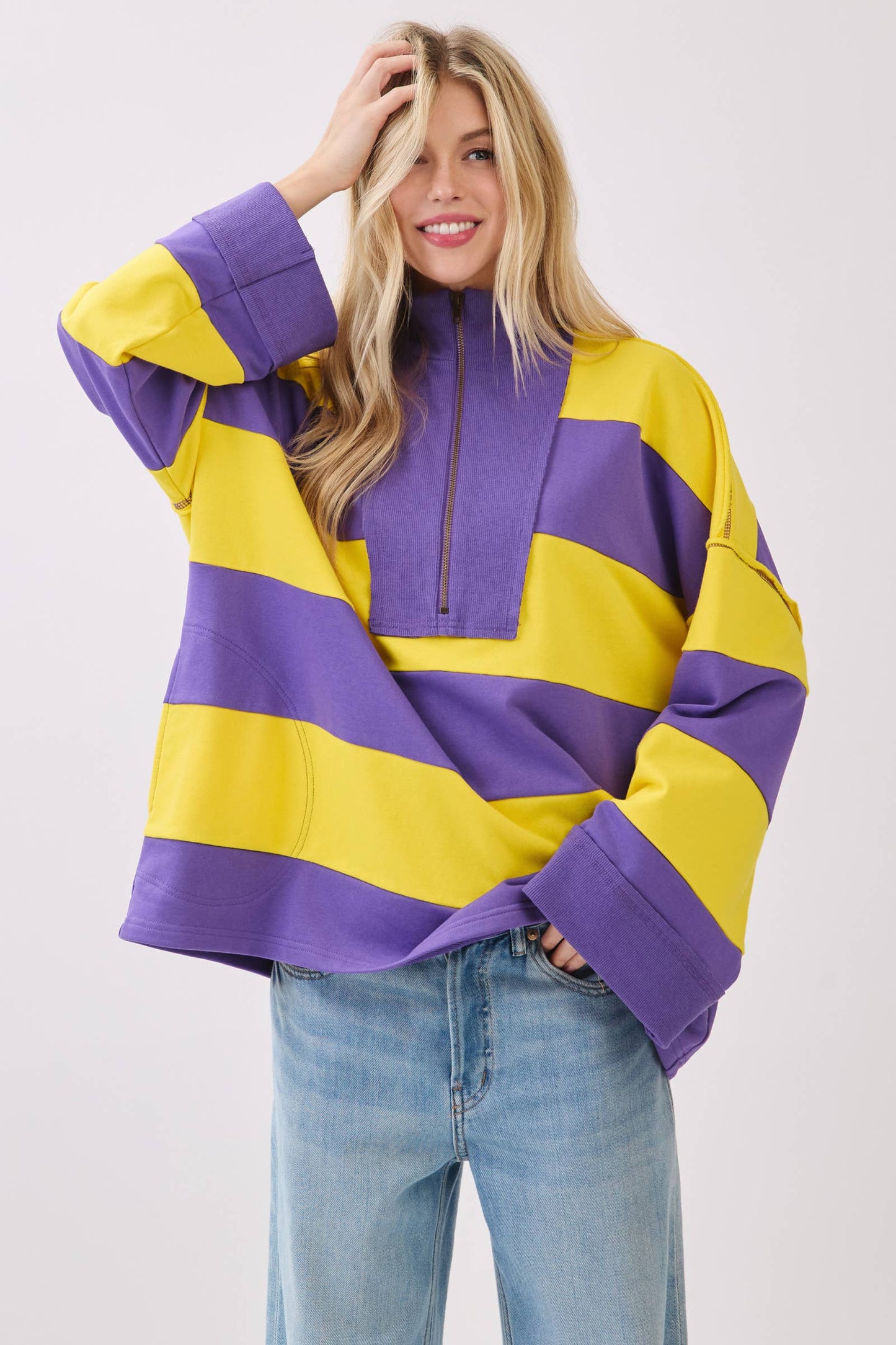 Varsity Stripe Zip Pullover: BURGUNDY/WHITE / S