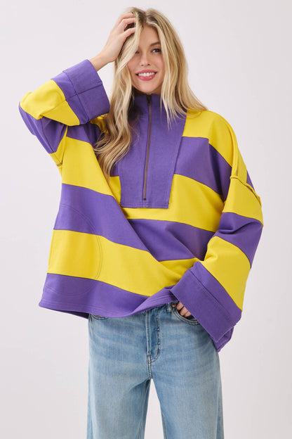 Varsity Stripe Zip Pullover: BURGUNDY/WHITE / S