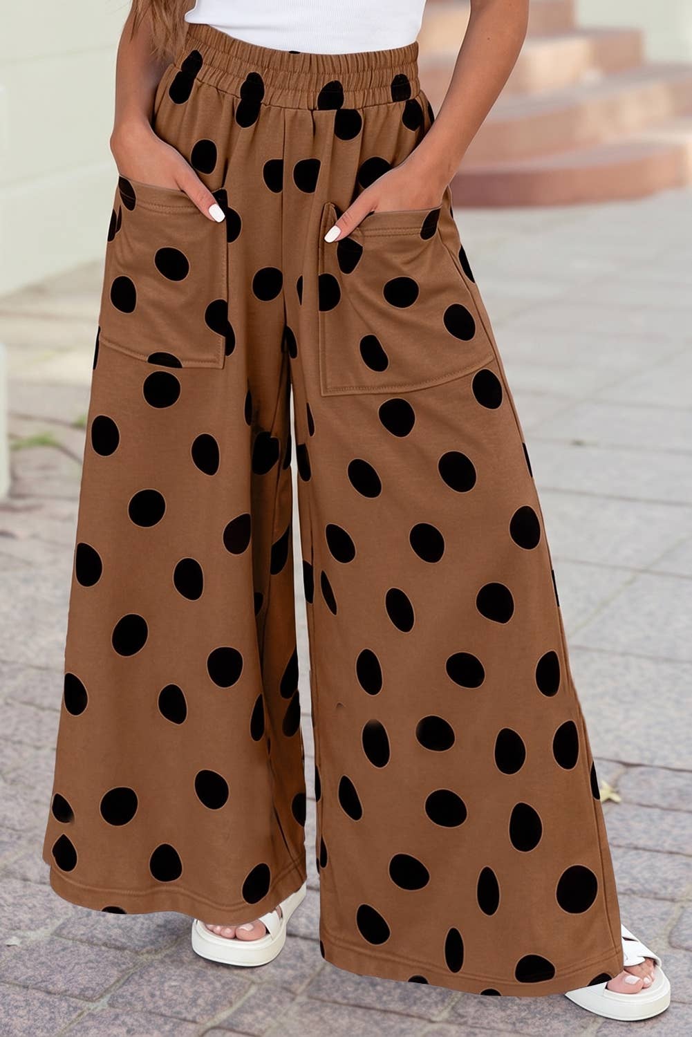 High Waist Wide Leg Polka Dot Pocket Pants S-4X: Black / S