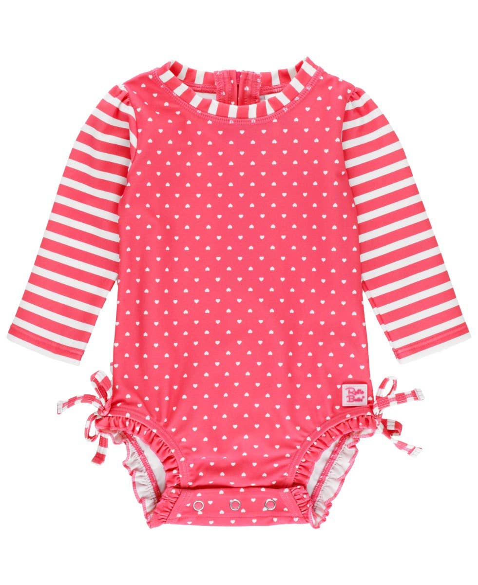 Hot Pink Heart Long Sleeve One Piece Rash Guard: 6-12m / Pink