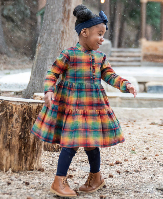 Storybook Rainbow Plaid Ruffle Henley Tiered Dress 2T