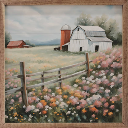 White Barn With Silo In Flower Field: 4x4