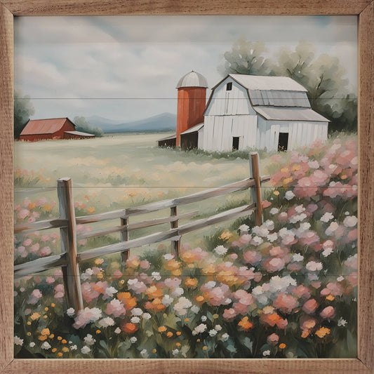 White Barn With Silo In Flower Field: 4x4