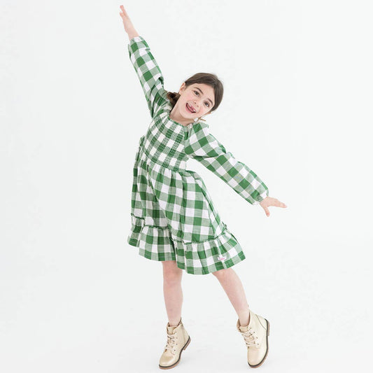 Dark Ivy Plaid Long Sleeve Smocked Ruffle Hem Dress 3T