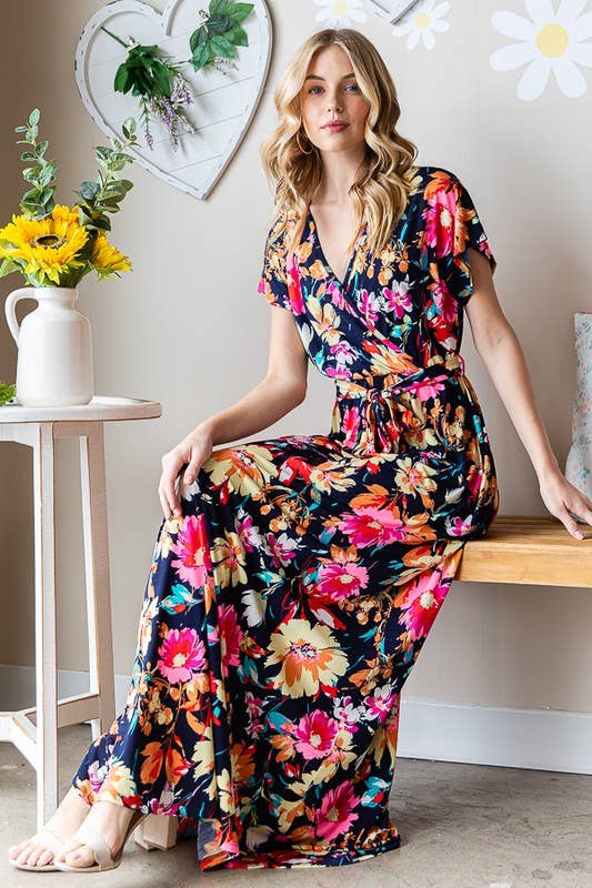 FLORAL MAXI WRAP DRESS/ NAVY MULTI