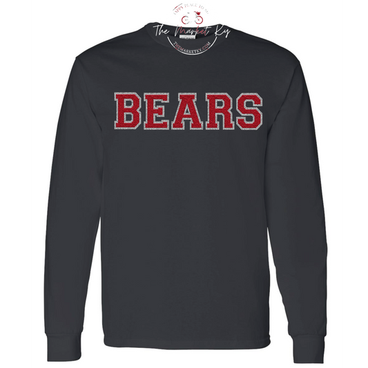 Bears Faux Chenille Long Sleeve Tee (Youth & Adult)-  Black